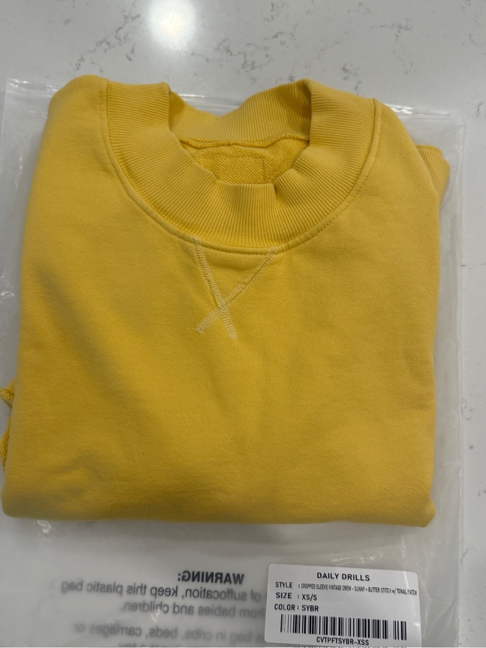 Daily Drills Yellow Cropped Sleeve Vintage Crew. Sunny with tonal patch. XS/S
